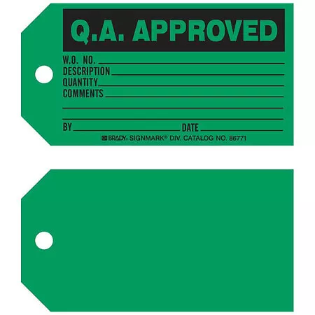 Brady 86771 Q.A. Apvd Tag,3 X 5-3/4 In,Bk/Grn,Pk100