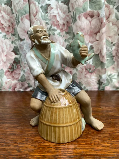 Vintage Hand Made Chinese Shiwan Mudman Glazed Pottery of Fisherman Figurine