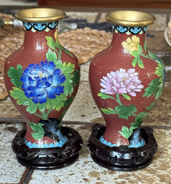 PAIR CHINESE CLOISONNE VASES 5.25” H BLUE PINK YELLOW Peonies gold trim, VTG