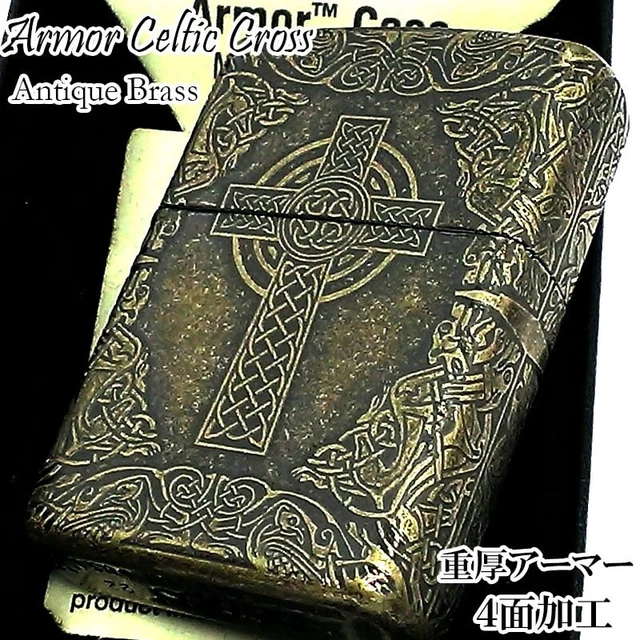 Zippo Oil Lighter Celtic Cross Antique Brass Barrel Gold Armor Case Japan