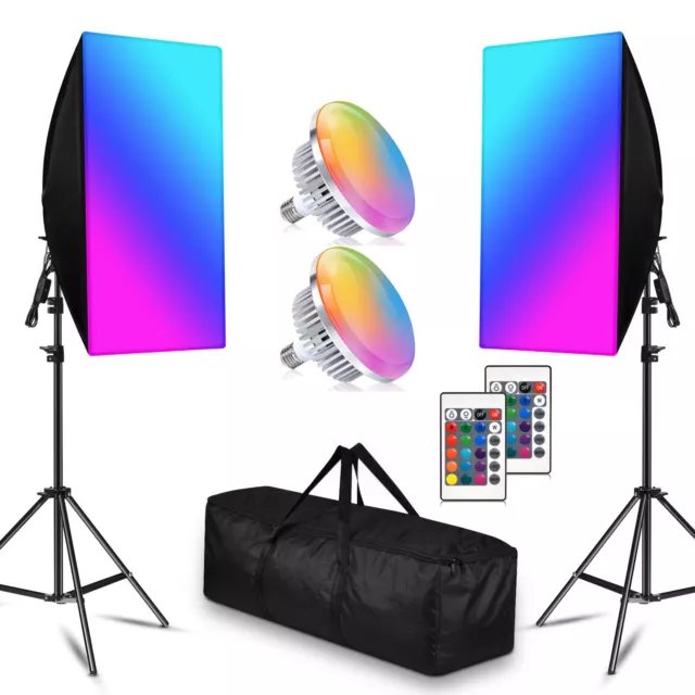 Softbox Lighting Kit Photography Continuous Lighting 2x 150W RGB LED Light Bule