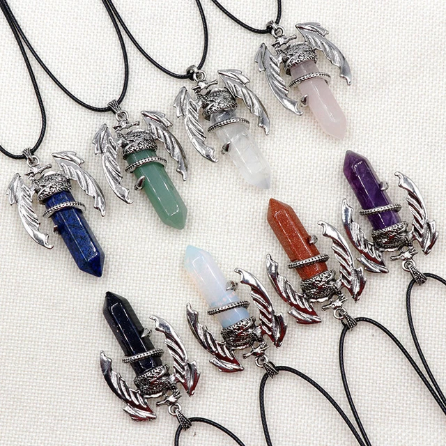 Natural Healing Energy Stone Wing Dragon Pendant Rope Necklace Reiki Pendulum