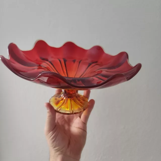 Vintage Viking Art Glass Red Epic 9 Petal Compote Mid-Century