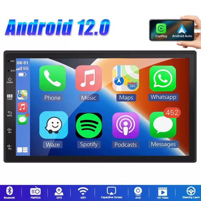 Android 12.0 Double DIN Touch 7" Car Stereo Radio WiFi Apple CarPlay GPS Navi