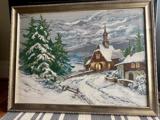 Framed wiehler gobelin Petit Point Needle Embroidery Stitch Winter Trees 28x21