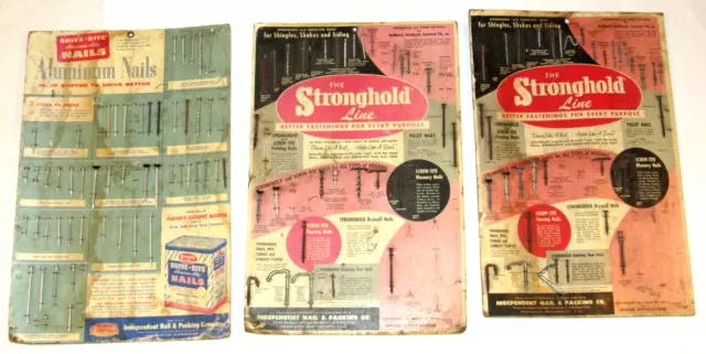 3 VINTAGE HARDWARE STORE NAIL ADVERTISING DISPLAYS! 12x18" ALUMINUM/MASONRY/ROOF