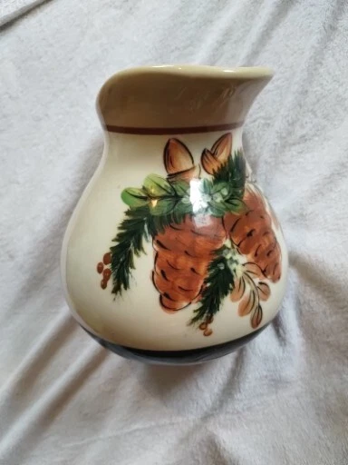 Vintage Hand Painted Ceramic Pitcher Signed Bilkotch 1997 Pinecones & Acorns