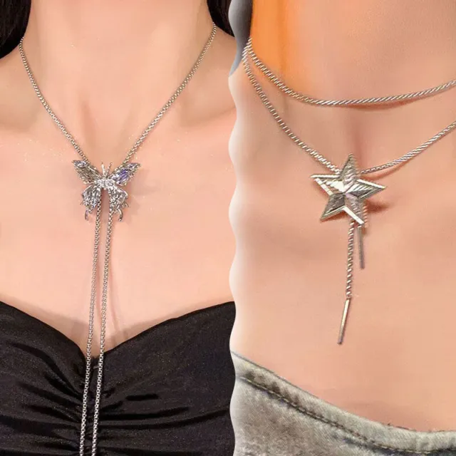 Titanium Steel Pull Butterfly Dangle Necklace Fashion Long Tassel Clavicle Chain