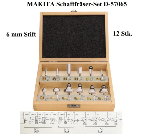 MAKITA Schaftfräser-Set D-57065 6mm Stift in einer Holzbox, 12 Stk.