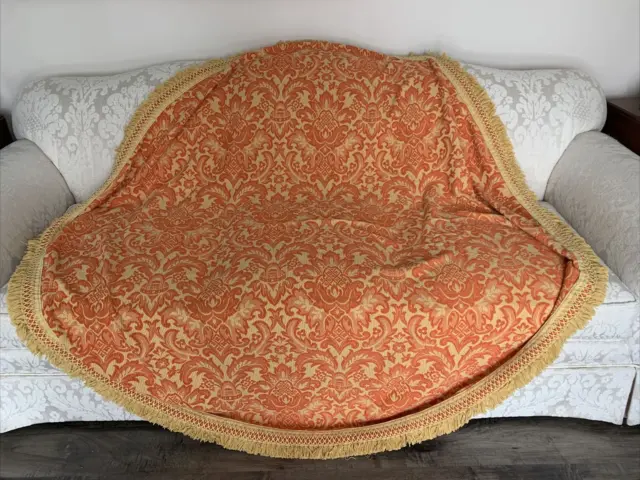 Vintage Mid Century MOD ORANGE GOLD Woven Jacquard TABLECLOTH Fringe 72”