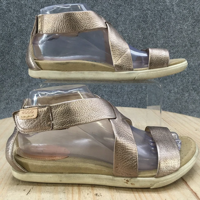 ECCO Sandals Womens 8.5 Damara Metallic Casual Ankle Strappy Gold Leather Flats