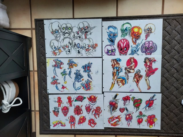 Lote de 6 hojas vintage de láminas flash para tatuajes diablo, corazones y calaveras