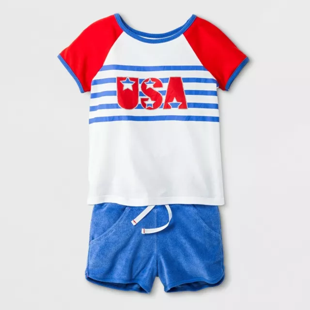 Cat & Jack Toddler Girls Amparo Blue & White USA 2pc T-Shirt & Shorts Set, 4T