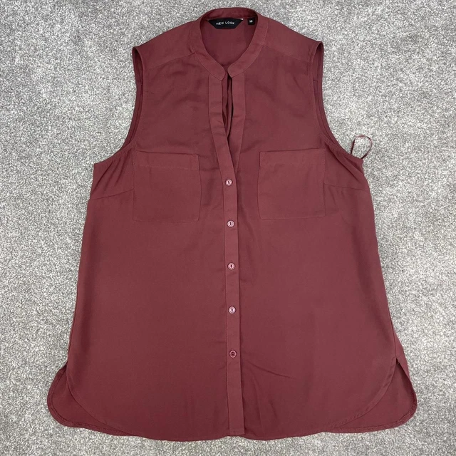 New Look Burgundy Chiffon Vest Vintage Button Up Blouse Sheer Drop Hem Uk 10