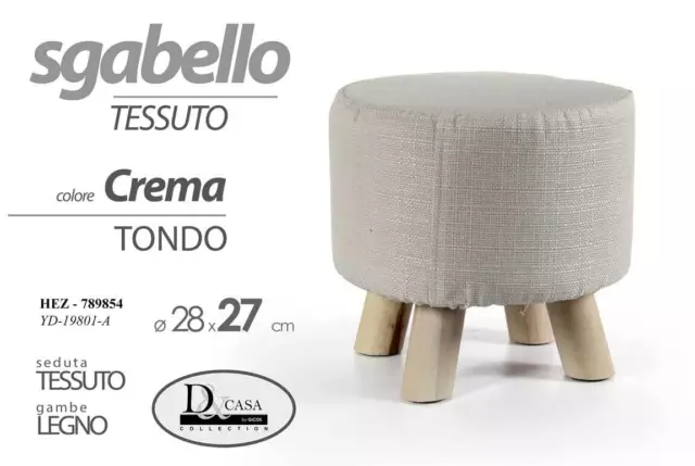 Pouf Sgabello Poggiapiedi TONDO CREMA BEIGE TESSUTO Pouff Gambe Legno 28*27