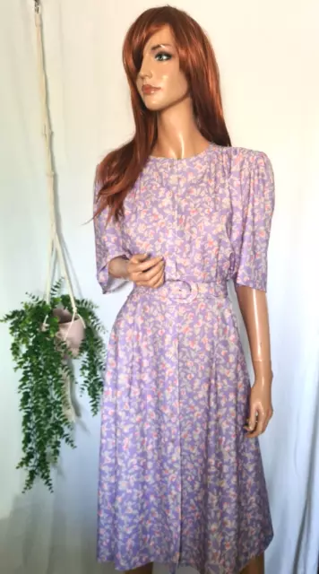 Vintage St Michael Lilac Floral Tea Dress 16 18 1940s Wartime Landgirl Goodwood