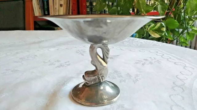 Vintage Footed Pewter Bowl Hammered Compote Dolphin Stem Handcrafted