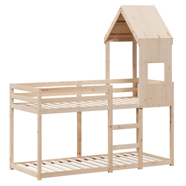 BUNK BED SOLID Pine Wood Brown Roof 90x190 cm Kids Loft Cabin Bed with ...