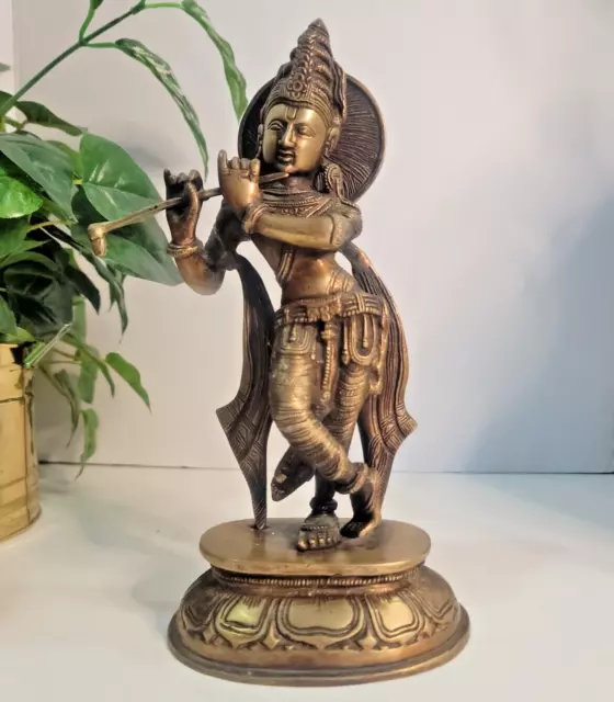 True Vintage Detailed Brass Krishna Playing Flute Statue Figurine 11 in High