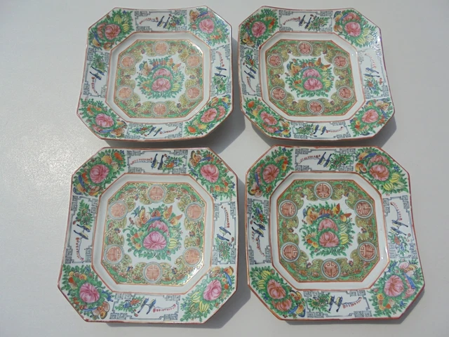 4 ANTIQUE CHINESE Export Porcelain Rose Medallion Square Plates w Birds ...