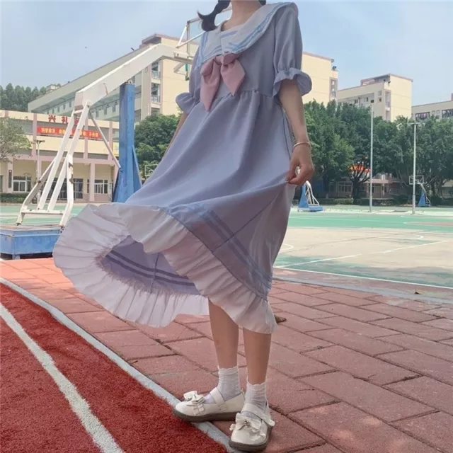 Donna Lolita Ragazza Kawaii Fiocco Abito Giapponese Stile Preppy Sailor Colletto