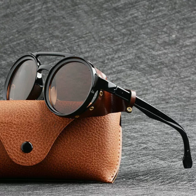 Herren Damen Sonnenbrille Vintage Steampunk Seitenschutz Leder Runde Retro