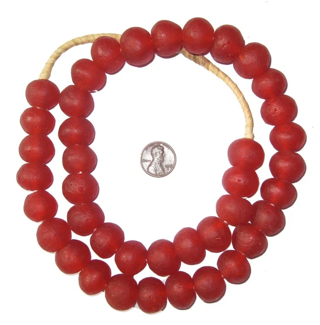 Red Recycled Glass Beads 18mm Ghana African Sea Glass Round Large Hole Handmade
