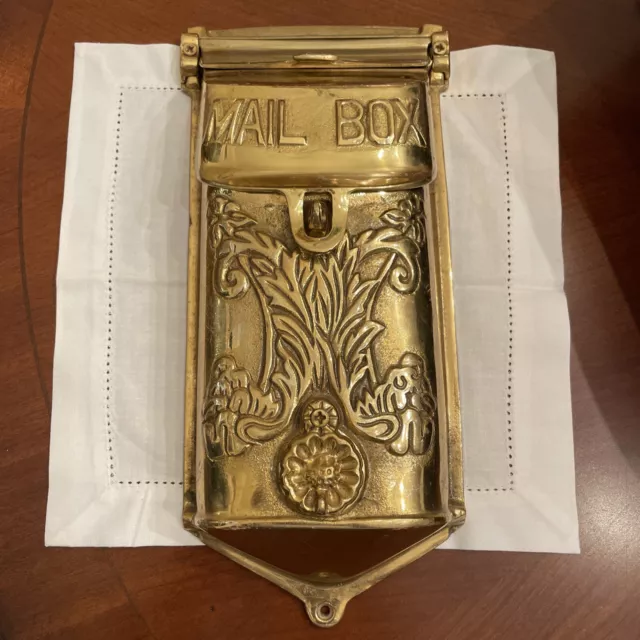 Antique Vintage Standard Mailbox Ornate Solid Brass Wall Mount Mail Box