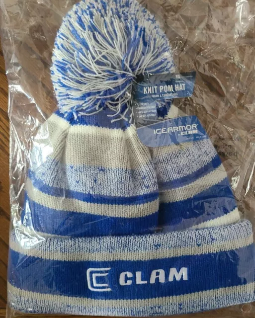 Clam Ice Armor Knit Pom Cap Hat Beanie BLUE GREY- Fleece Lined Warm Comfortable