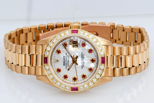 Rolex Lady President DateJust MOP Ruby Dial 18k Yellow Gold Diamond Bezel Watch 3