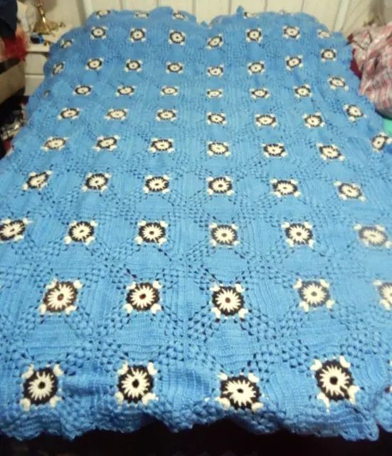 Handmade Blue Mohair Crochet Pure Wool Grannie Square Blanket Thick 225cmX176cm