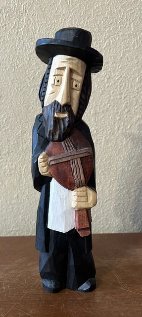 Vintage Jewish Folk Art Hand Carved Painted Wood Figure MUSICIAN Signed