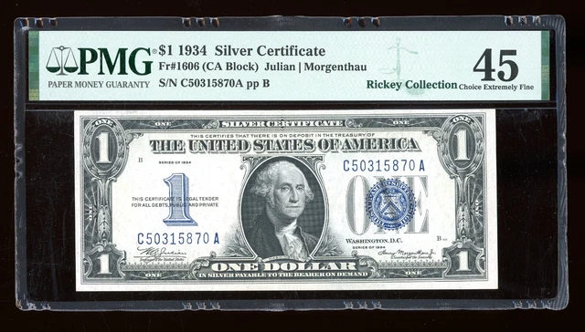 DBR 1934 $1 Silver Funnyback Fr. 1606 CA Block PMG 45 Serial C50315870A