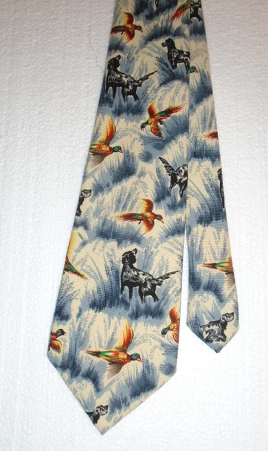 Polo by Ralph Lauren 1940s, Handmade, Pheasant w Bird Dog Hunting Print Wool Tie Polo by Ralph Lauren 1940s, Handmade, Pheasant w Bird Dog Hunting Print Wool Tie