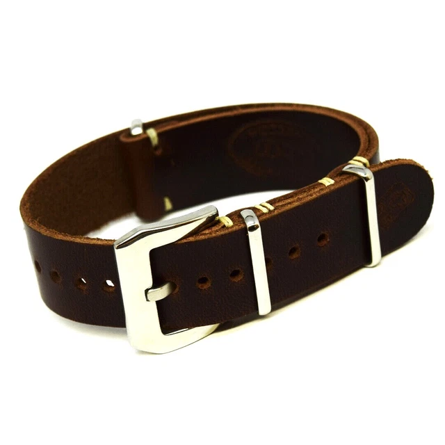 Bracelet NATO En Cuir Véritable - Marron, Boucle Noire, Tailles 18mm à 24mm