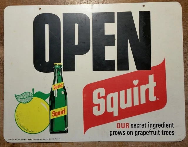 1971 Vintage Squirt Grapefruit Soda Pop Open/Closed Advertising Sign 10" x 13"