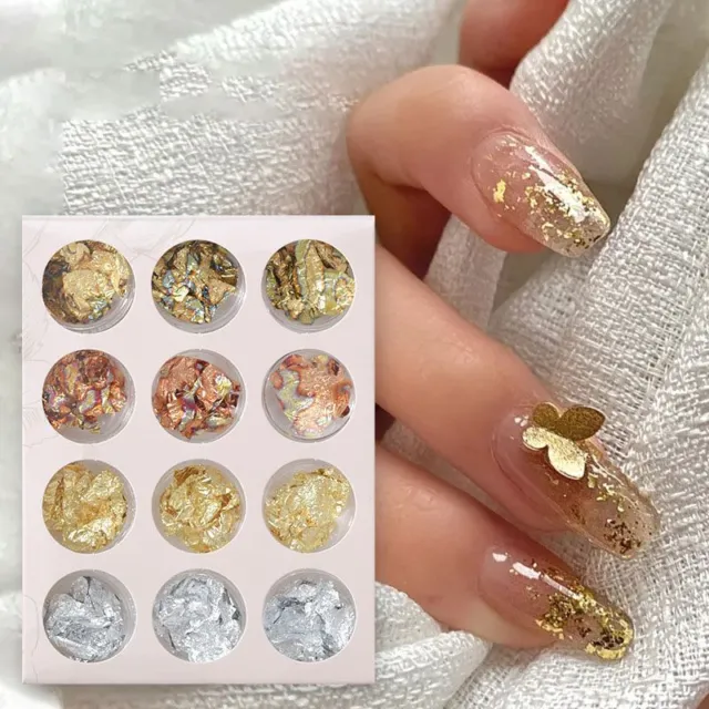 12 Grids/Box Irregular Gold Silver Foil Paper Nail Glitter Nail Decoration To-DC