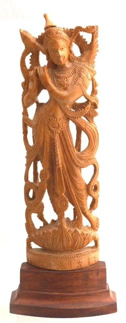 Lord Krishna Hindu Indian God Deity Statue Sculpture. Detailed Carved Wood 9.25"