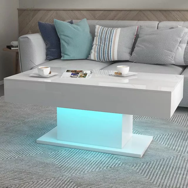 High Gloss Coffee Table with LED Lights White Center Cocktail Table Living Room