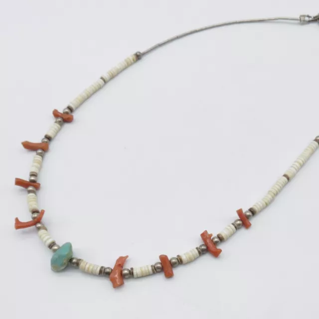 Coral Chip White Heishi Bead Choker Necklace 15" Sterling Silver Boho Southwest