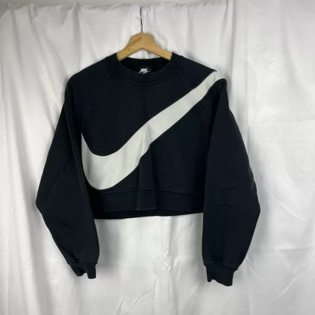 Nike Cropped Sweatshirt Womens Medium Ladies Black Swoosh Graphic Print Jumper