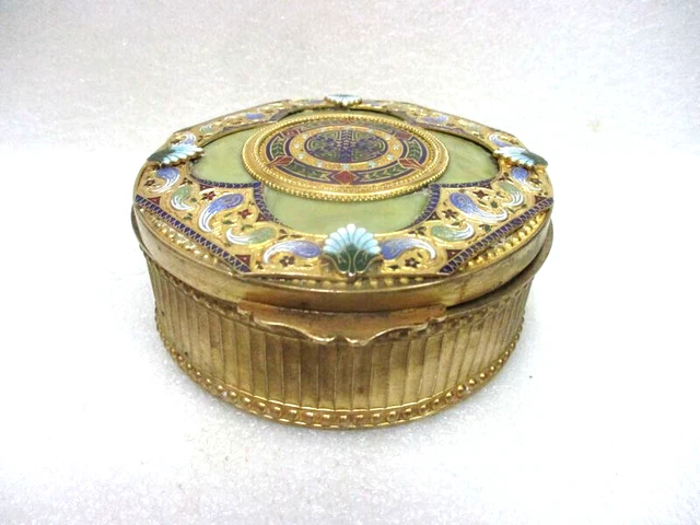 Boîte à Bijoux Ancienne Ronde En Laiton Et Verre - Motif Décoratif Du Vieux Sarlat - Occasion