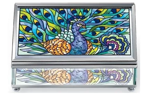 Amia The Eyes Have It Peacock Hand Painted Bird Glass Jewelry Box New 42014