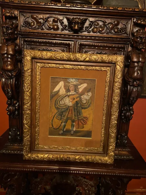 Antique 19th Century Spanish Colonial Painting Cuzco On Canvas 27”-23” Framed