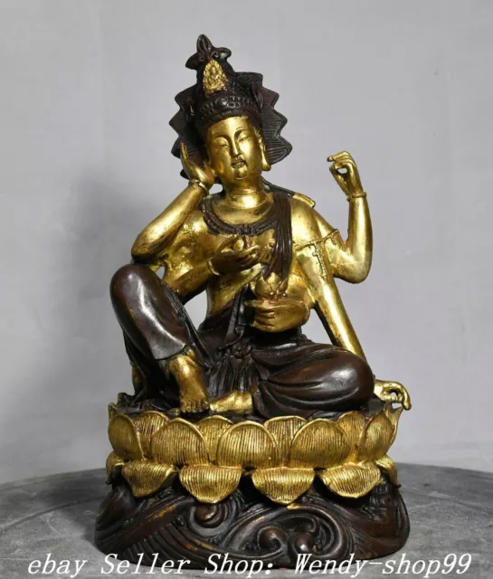 9" Old ChInese Buddhism Copper Gilt 6 Arms Guanyin Kwanyin Goddess Buddha Statue