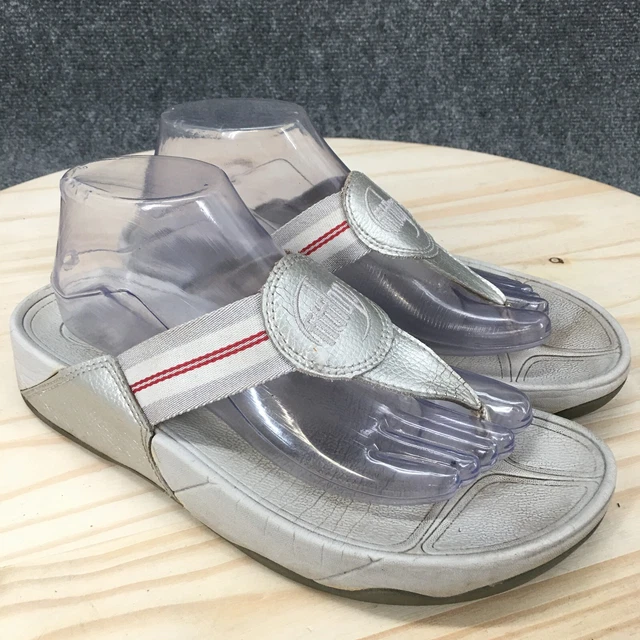 Fitflop Sandals Womens 9 Thong Slip On Wedge Grey Faux Leather Textile Open Toe 3