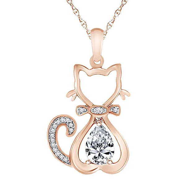 Birthstone & Natural Diamond Cute Cat Kitty Pendant Necklace 925 Sterling Silver