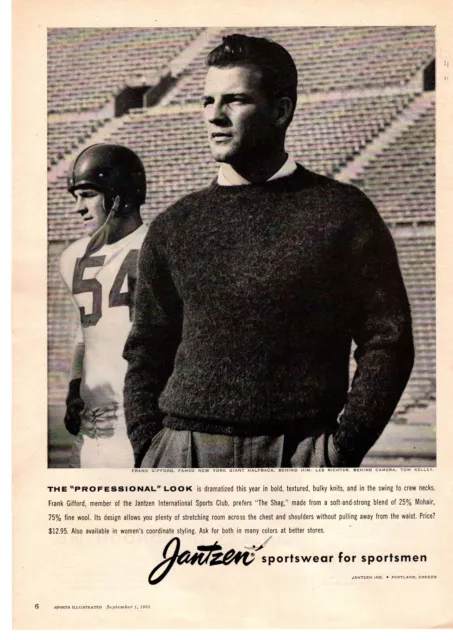 1958 Frank Gifford Les Richter NFL New York Giants Jantzen Shag suéter estampado anuncio