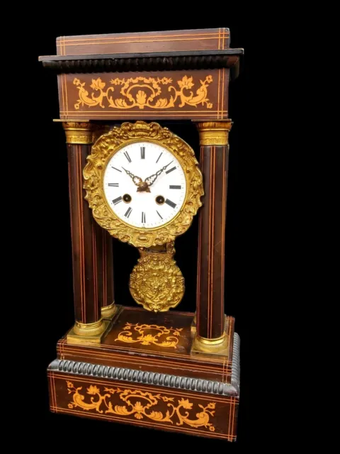 Antique Clock French Inlaid Portico Clock Charles X Inlaid Fine Large c1830 19th