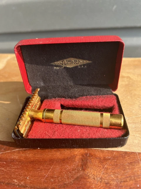Gillette Razor Gold Tone & Blades in Case 1930s Shaving Collectible No 17567 2